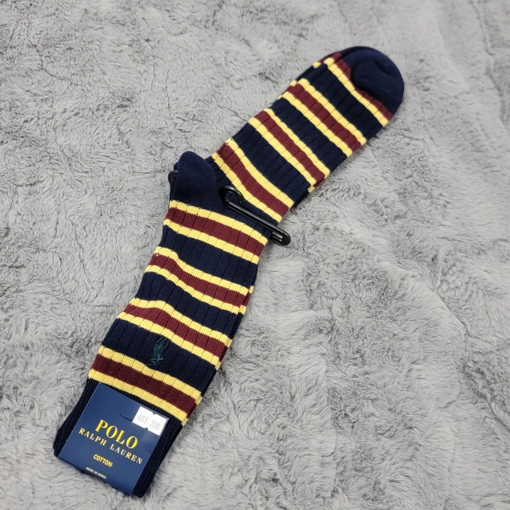 Polo Ralph Lauren Socks Mens 6-12.5 Navy Burgundy Yellow Stripe Crew Pony